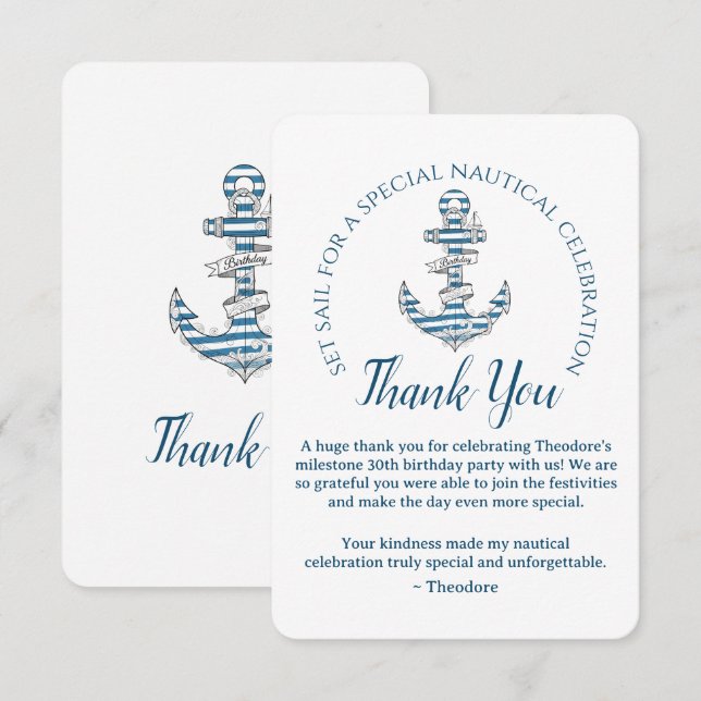 Nautical Striped Anchor Birthday Party  Thank You Card (Front/Back)