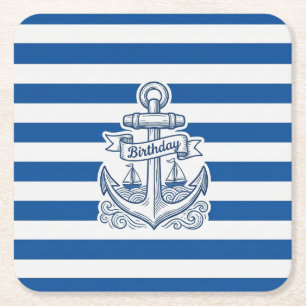Nautical Striped Anchor Birthday Square Paper Coaster