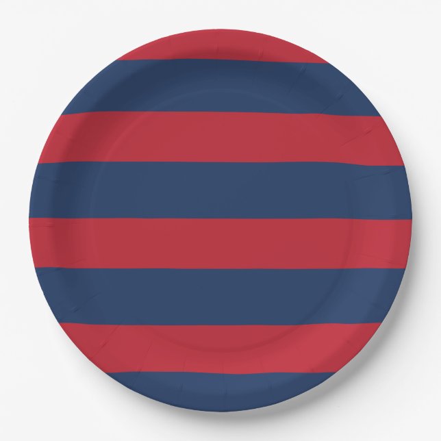 Nautical Striped Blue Red Paper Plates (Front)