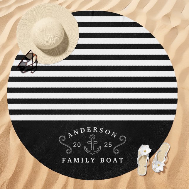 Nautical Striped Family Boat Name Black and White Beach Towel (Creator Uploaded)