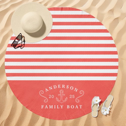 Beach Towels 15 Nautical Striped Family Boat Name Coral And White Beach Towel