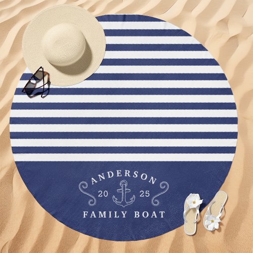 Nautical Striped Family Boat Name Navy And White Beach Towel