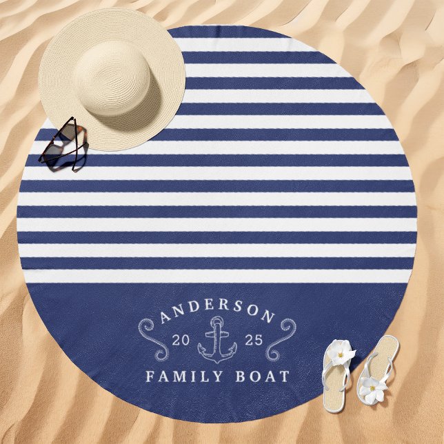 Nautical Striped Family Boat Name Navy and White Beach Towel (Creator Uploaded)