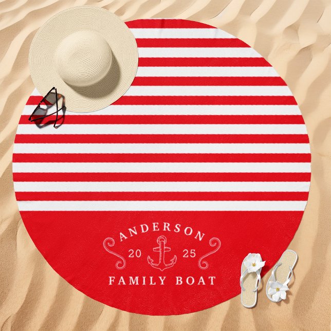 Nautical Striped Family Boat Name Red and White Beach Towel (Creator Uploaded)