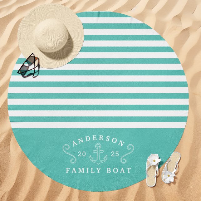 Nautical Striped Family Boat Name Teal and White Beach Towel (Creator Uploaded)