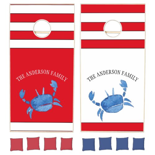 Nautical Striped Fun Big Blue Crab Family Name Cornhole Set