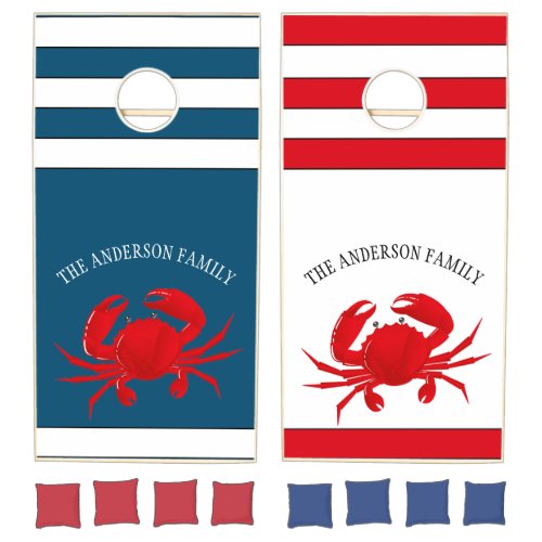 Nautical Striped Fun Big Red Crab Family Name Cornhole Set