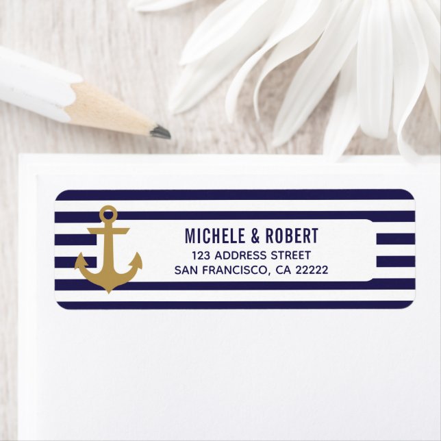 Nautical Striped Gold Anchor Blue White Return Label (Insitu)
