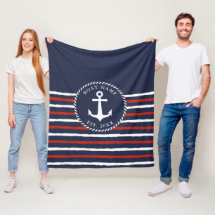 Nautical Striped Navy Blue Red White Anchor Fleece Blanket