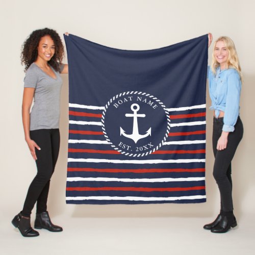 Nautical Striped Navy Blue Red White Anchor Fleece Blanket