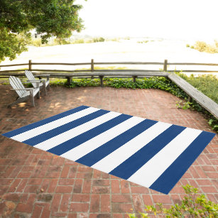Nautical Striped Navy Blue White Summer Boat Outdoor Rug