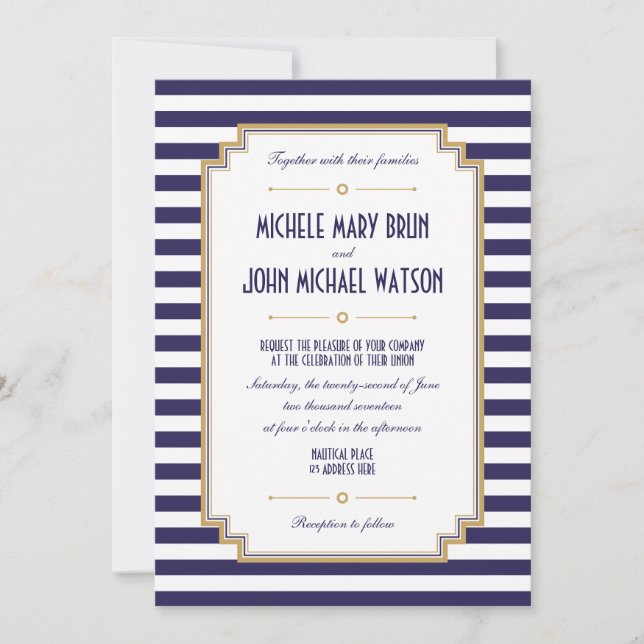 Nautical Striped Navy Blue White Wedding Invite (Front)
