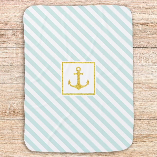 Nautical Striped Pattern Gold Faux Glitter Anchor Swaddle Blanket (Creator Uploaded)
