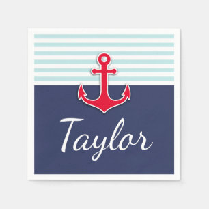 Nautical Striped Pattern Red Anchor Custom Text Paper Napkins