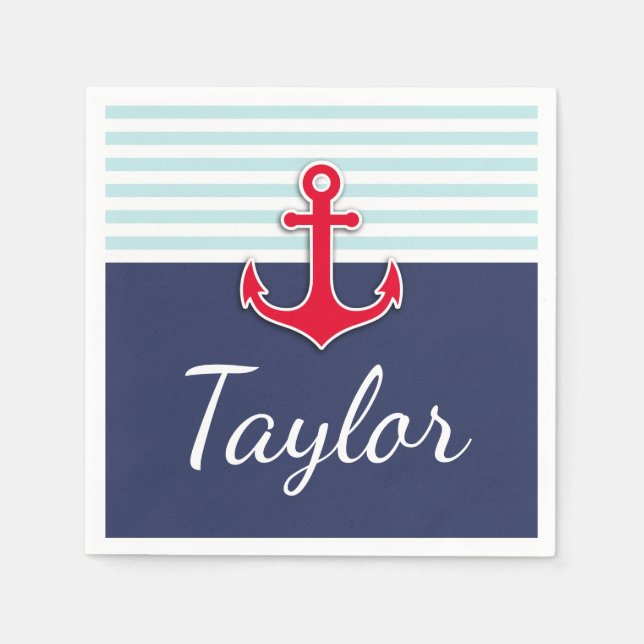 Nautical Striped Pattern Red Anchor Custom Text Paper Napkins (Front)