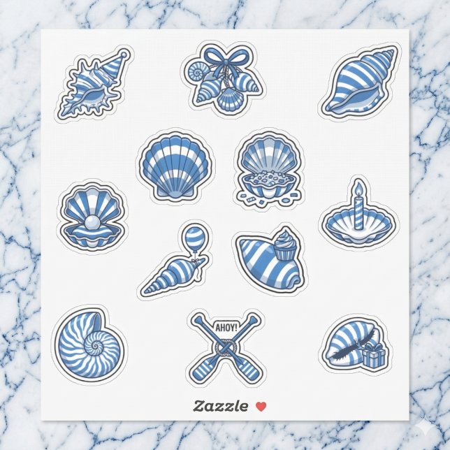 Nautical Striped Seashell Sticker Sheet (Coastal chic meets whimsical fun.)