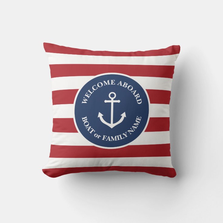 Nautical striped welcome aboard pillow | Zazzle