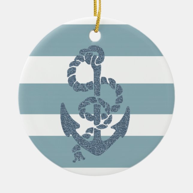 Nautical Stripes Anchor Ceramic Ornament (Front)