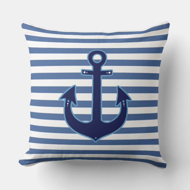 nautical stripes & anchor navy decor throw pillow (Front)
