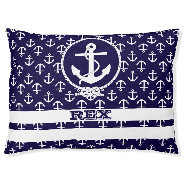 Nautical Stripes Anchor Pattern with Your Pet Name Bed (Front)