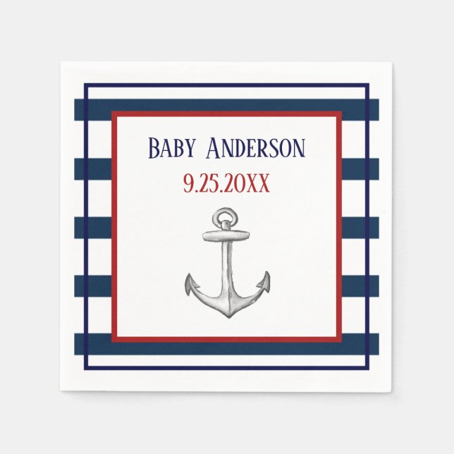 Nautical Stripes and Anchor Baby Shower Napkins (Front)