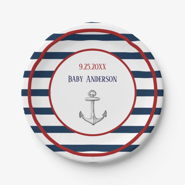 Nautical Stripes and Anchor Baby Shower Paper Plates (Front)