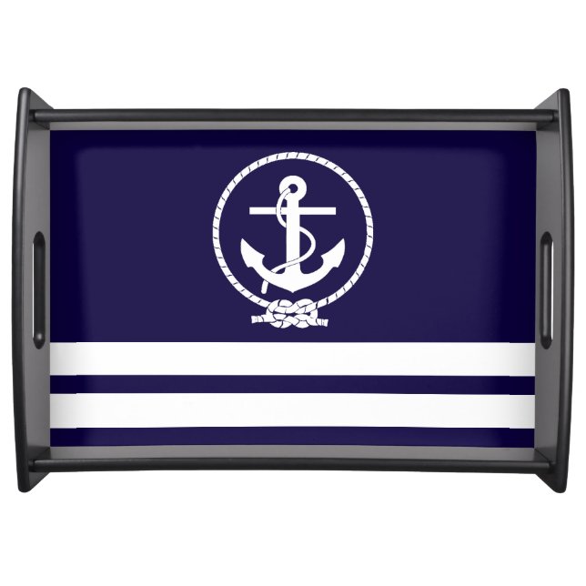 Nautical Stripes and Anchor On Navy Blue Serving Tray (Front)
