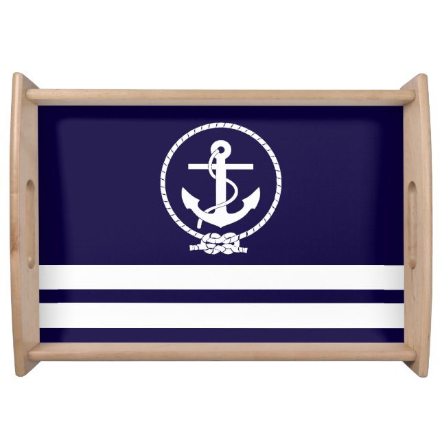 Nautical Stripes and Anchor On Navy Blue Serving Tray (Front)