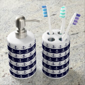 Nautical stripes and anchor pattern soap dispenser & toothbrush holder (Front)