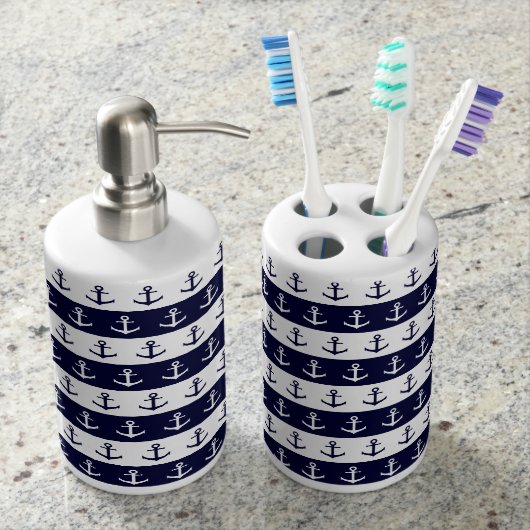 Nautical stripes and anchor pattern soap dispenser & toothbrush holder (Front)