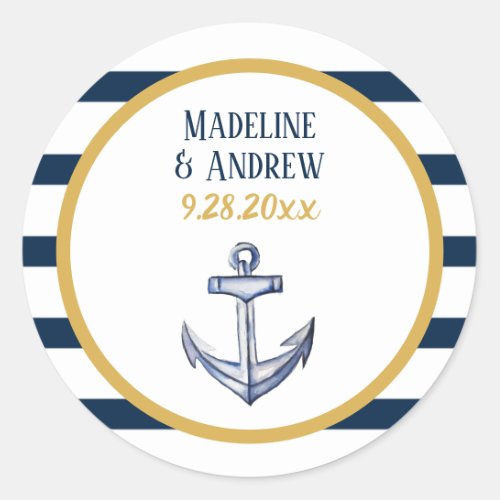 Nautical Stripes and Anchor Wedding Classic Round Sticker