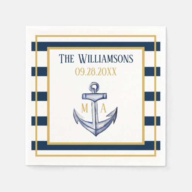 Nautical Stripes and Anchor Wedding Napkins (Front)