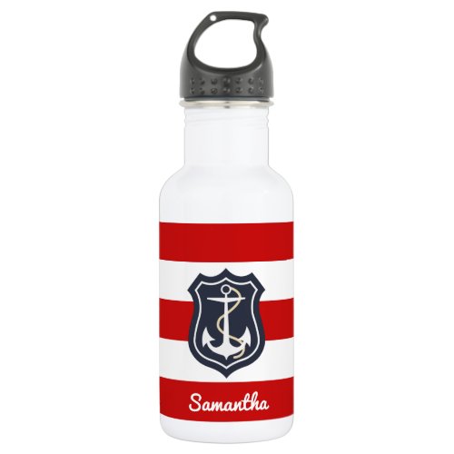 Nautical Stripes and Anchor with Any Name Stainless Steel Water Bottle