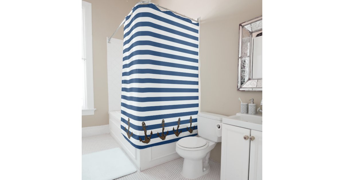 Nautical Stripes and Anchors Shower Curtain Zazzle