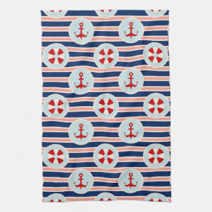 Nautical Stripes And Dots Pattern Kitchen Towel