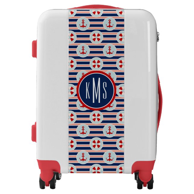 Nautical Stripes And Dots Pattern| Monogram Luggage (Front)