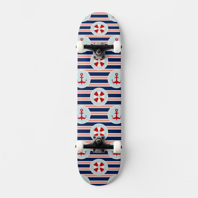 Nautical Stripes And Dots Pattern Skateboard Deck (Front)