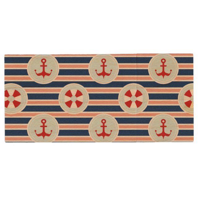Nautical Stripes And Dots Pattern Wood USB Flash Drive (Front)