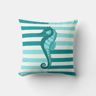 Nautical stripes and seahorse - warm Aqua Marine Throw Pillow