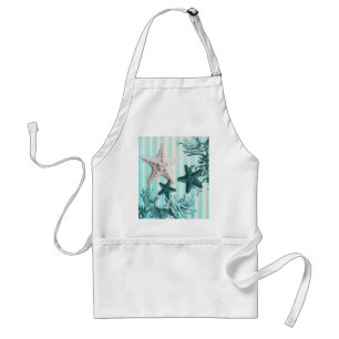 nautical stripes aqua blue starfish seashells adult apron
