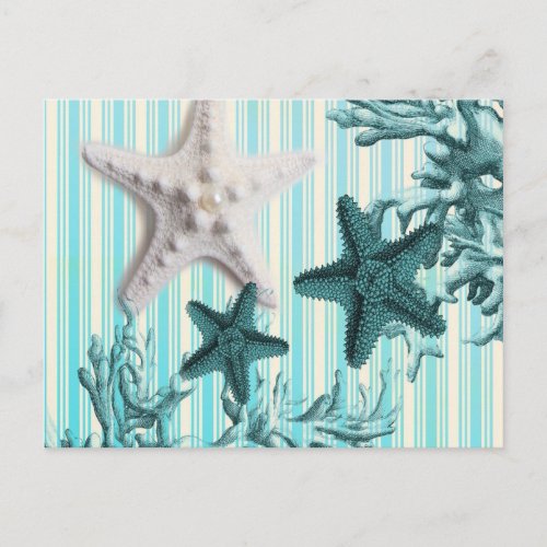 nautical stripes aqua blue starfish seashells postcard