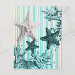 nautical stripes aqua blue starfish seashells postcard