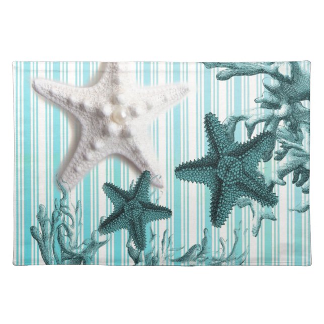 nautical stripes aqua seashells blue starfish cloth placemat (Front)