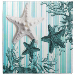 nautical stripes aqua seashells blue starfish napkin