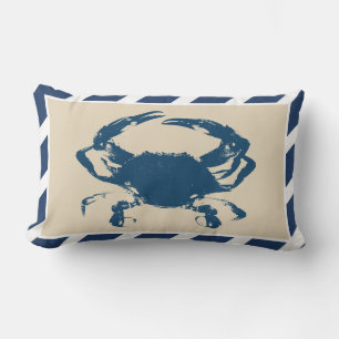 Nautical Stripes & Blue Crab Coastal Style Lumbar Pillow