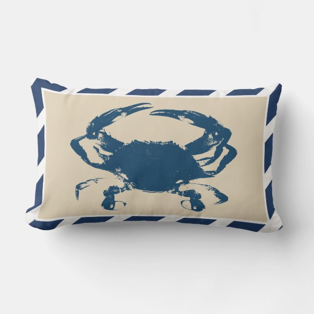 Nautical Stripes & Blue Crab Coastal Style Lumbar Pillow (Front)