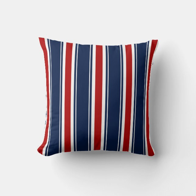Nautical Stripes –Blue, White, Red Coastal Throw Pillow (Front)