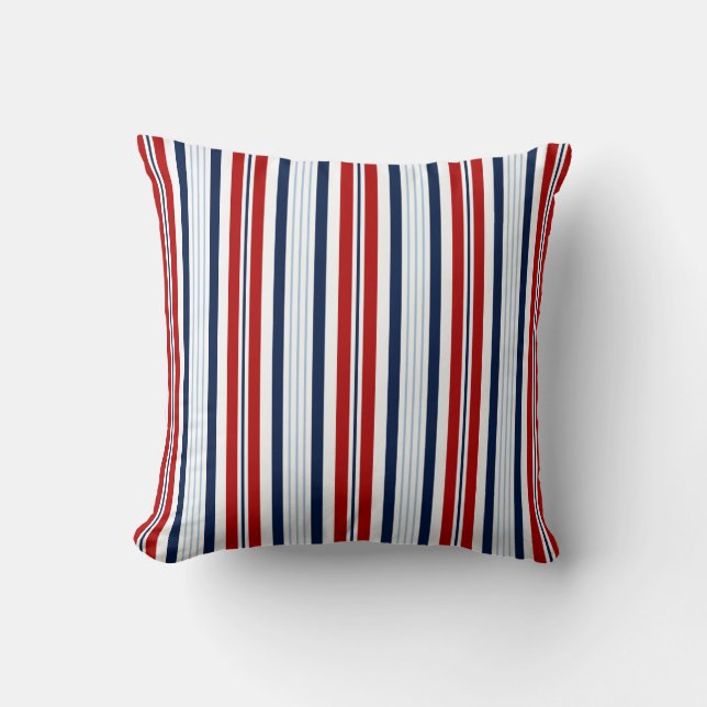 Nautical Stripes -  Blue, White, Red Maritime Throw Pillow (Front)