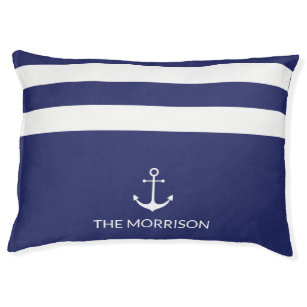 Nautical Stripes Boat Name anchor navy blue dog Pet Bed