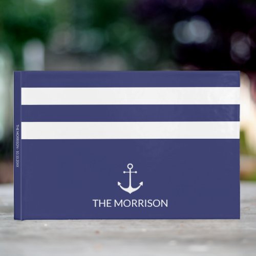 Nautical Stripes Boat Name navy blue white anchor Guest Book